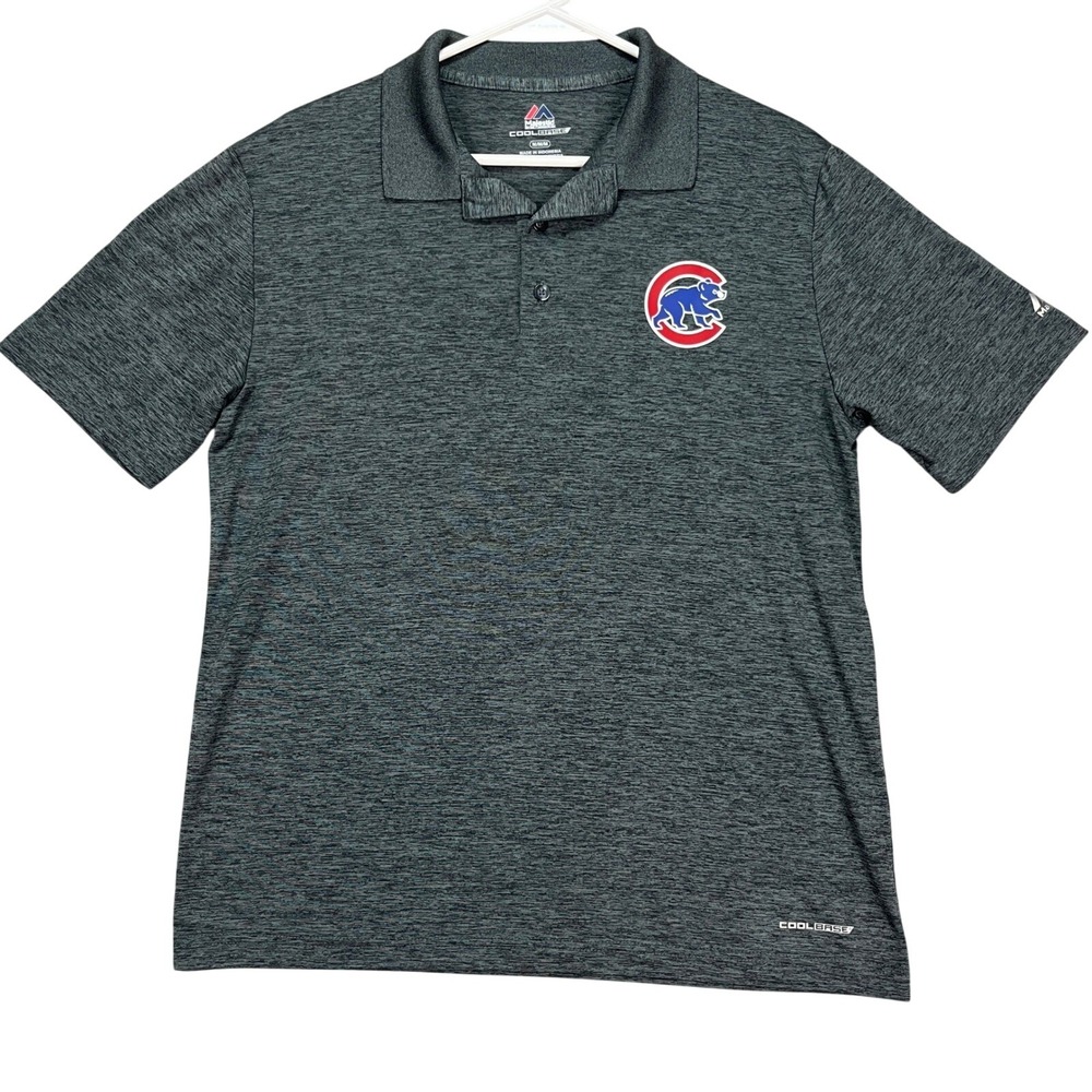 Chicago Cubs Majestic Polo Shirt Mens M Gray Short Sleeve Cool Base Performance